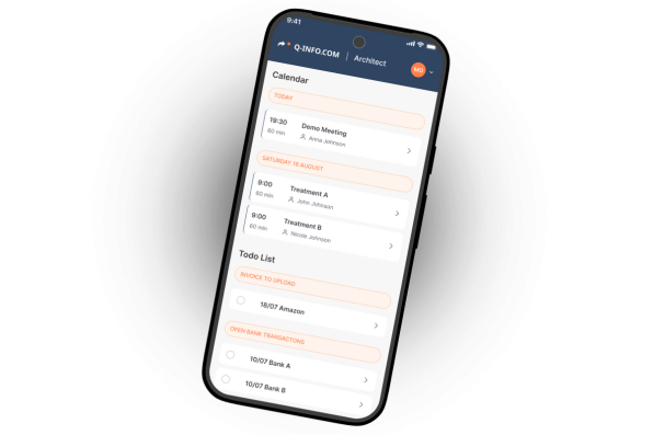 De Q-info.com app met het dagoverzicht van afspraken en de todo-lijst