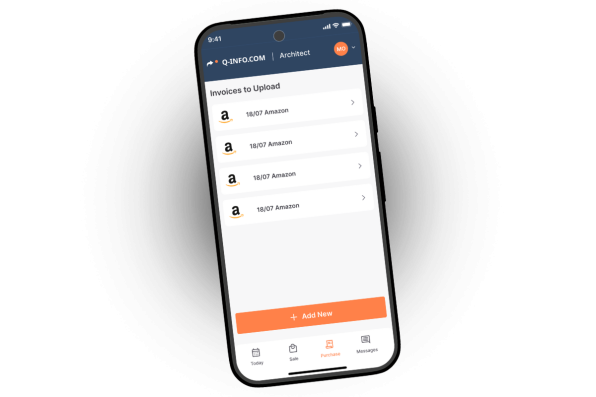 De Q-info.com app met een lijst inkoopfacturen die klaarstaan om te uploaden